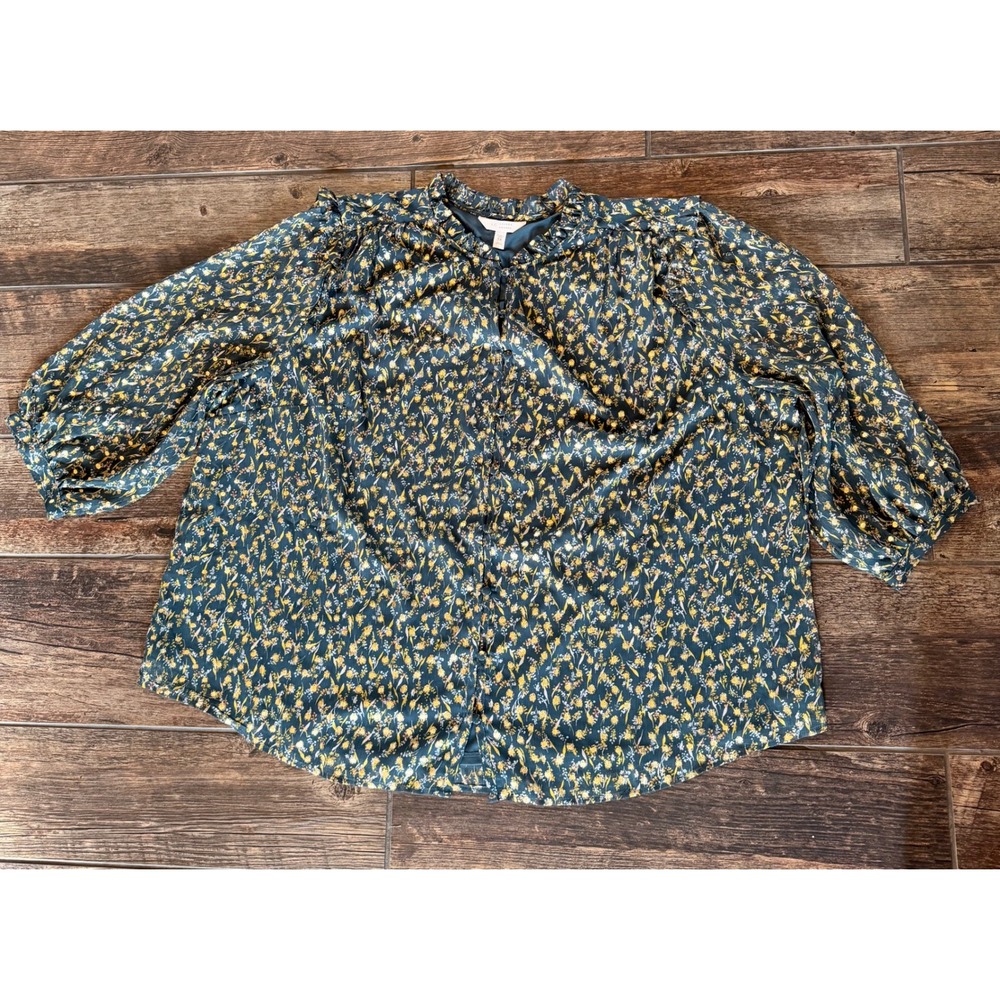 LC Lauren Conrad Floral Gold Foil Ruffle Neck Puff Sleeve Blouse 3X Plus - Picture 2 of 11